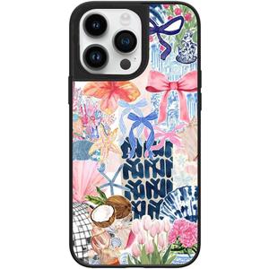 Case for iPhone 16 Pro, Trendy Aesthetic Preppy Coastal Beach Pattern Print, Glossy Hard PC Back Soft TPU Bumper, Slim Shockproof Anti-Scratch Cover for Teen Girls Women