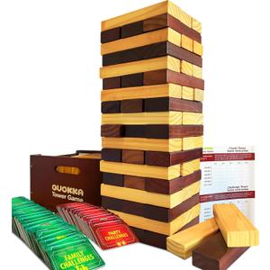 QUOKKA Premier Wooden Tumble Tower Game - Block Stacking Game for Family - 2.8 Ft | 54 Blocks with Fun Challenges | Water Weather Resistant - Big Wooden Game for Yard