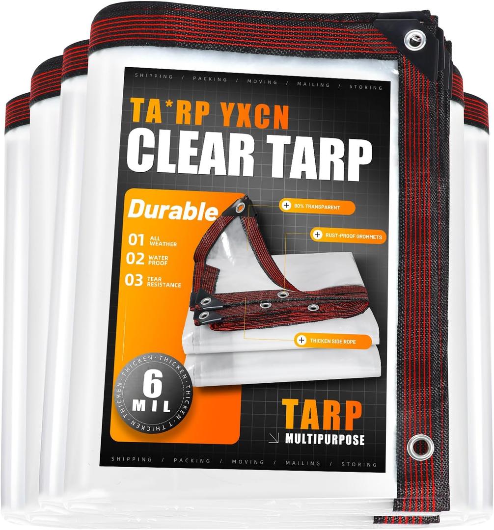 Clear Tarp 8 x 10 FT Medium Duty Waterproof Tarps Cover, Grommet Every 20 Inches, for Patio, Plant, Garden, Chicken Coop