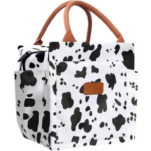 Joymee Lunch Bag Women Insulated Lunch Box Reusable Leakproof Large Spacious Cooler Tote for Womens Mens Adults with Bottle Holder and Side Pockets for Work Office Travel Picnic - Cow