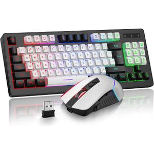 BlueFinger Wireless Gaming Keyboard and Mouse Combo, RGB Rainbow Backlit Rechargeable Battery, 87 Keys TKL Light Up Keyboard with Ergonomic Gaming Mouse for Mac Laptop Computer PC Gamer(Black & White)