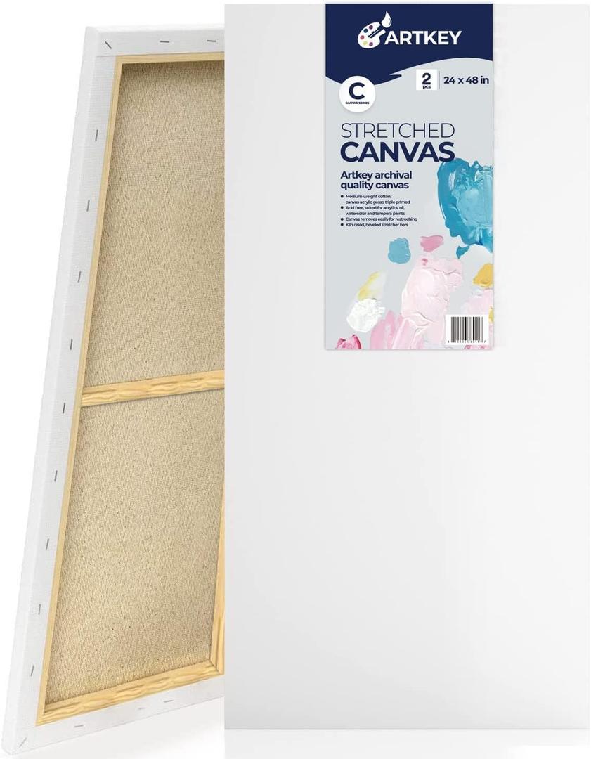 Stretched Canvases for Painting 24x48 Inch 2-Pack, 12.3 oz Triple Primed Acid-Free 100% Cotton Blank Canvas, Large Art Canvases for Oil Paint Acrylics Pouring & Wet Art Media, Pour Painting