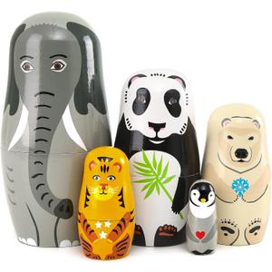 Moonmo 5pcs Handmade Wooden Animal Nesting Dolls - Elephant & Panda, Traditional Russian Matryoshka Gift
