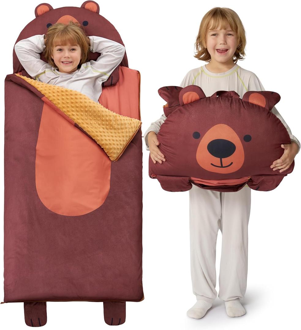 JOIEDOMI Kids Sleeping Bag 4 5 6 Year Old Girl Gifts Toddler Nap Mat with Pillow & Blanket 60" x 27" for Kids Ages 3+ Soft Plush Sleeping Mat for Preschool and Boys Girls (Brown Bear)