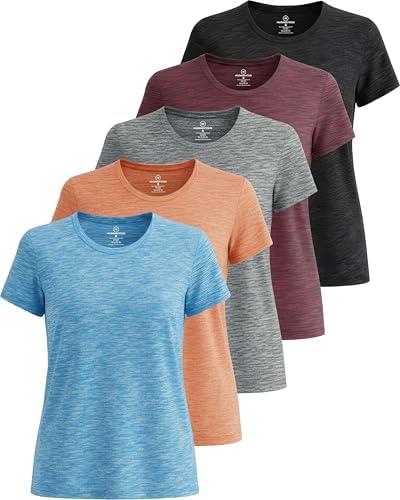 Real Essentials 5 Pack: Women's Short Sleeve T-Shirts Workout Tops Fitness Pilates Gym Activewear Athletic, XL