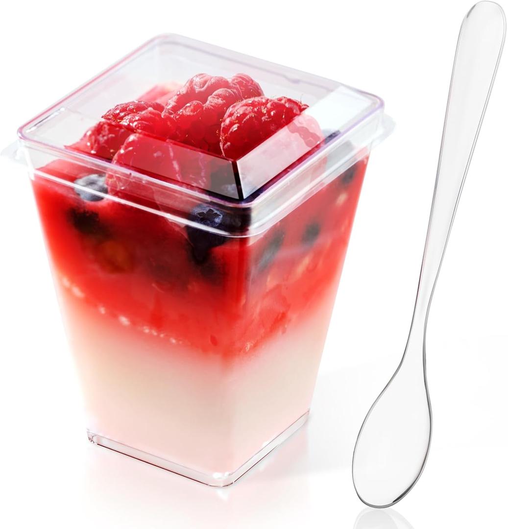 JOLLY CHEF 50 Pack 5 oz Plastic Dessert Cups with Lids and Spoons, Yogurt Parfait Appetizer Cup for Party, Clear Mini Dessert Shooter for Pudding Fruit Trifle Ice Cream