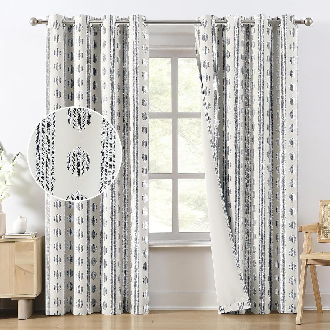 Melodieux Boho Curtains 2 Panels Set 52"W x 84"L Blue on Beige Striped Pattern Cotton Bedroom Living Room Darkening Thermal Insulated