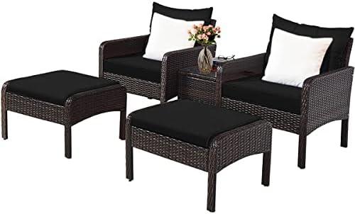 2PCS Patio Rattan Wicker Furniture Set Sofa Ottoman Coffee Table Cushioned Black, Model HW71908-22