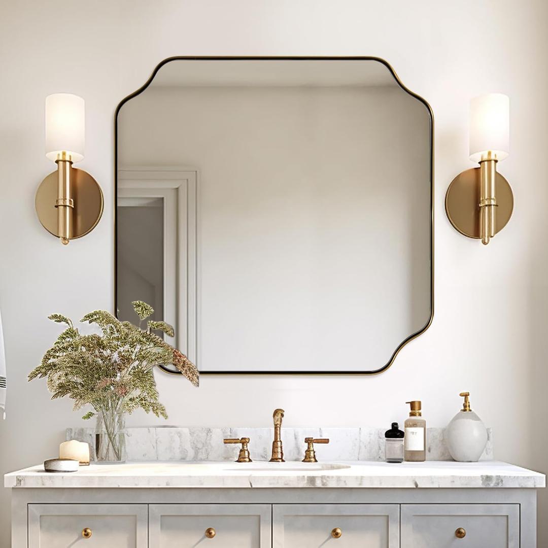 ANDY STAR Square Gold Vanity Mirrors, 24"x24" Brushed Brass Scalloped Bathroom Mirror, Antique Wall Mirror with Anti-Rust Stainless Steel Frame, Rounded Notched Corner Design Ideal for Home Deocr