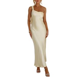 2026 Satin One Shoulder Maxi Dress for Women Summer Silk Formal Elegant Backless Ruffle Sleeveless Wedding Guest Dresses (Small, Yellow)