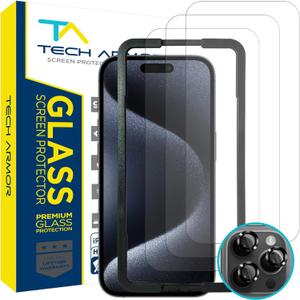 Tech Armor for Apple iPhone 15 Pro Max Screen Protector Glass 6.7 inch - Ballistic Tempered, Case Friendly, Easy Install, Sensor Protection, HD, 9H Hardness, 3 Pack + Bonus Camera Lens Protectors