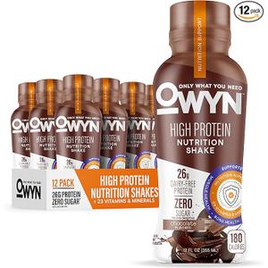 OWYN Only What You Need High Protein Shake, Chocolate Flavored, 26g Protein, 0g Sugar, 3g Fiber, Dairy Free, Plant Based Protein Drink, 12 Count, Best By 31/May/27