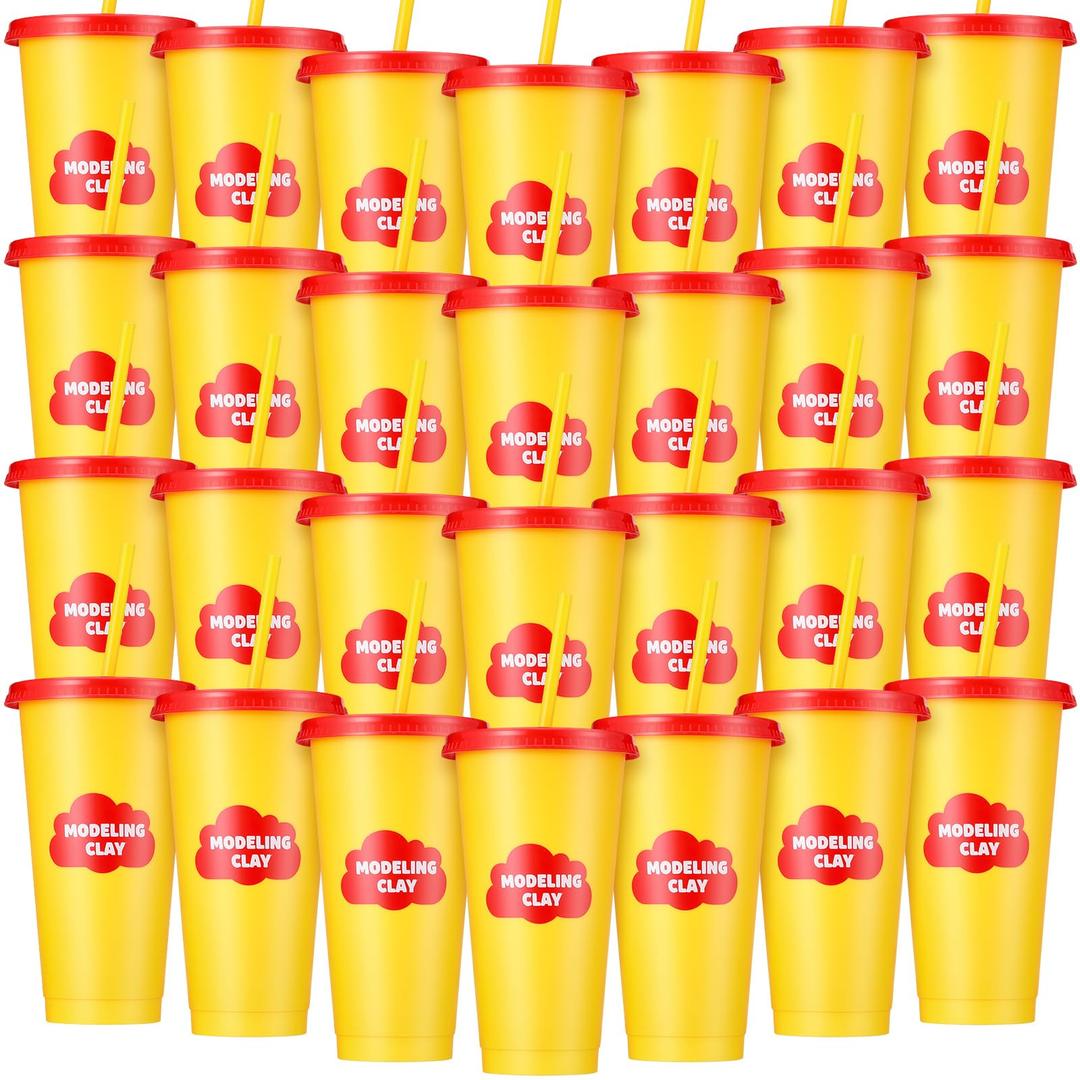Willinglong 30 Pack Back to School Cups with Lids and Straws Bulk 24 oz Reusable Plastic Tumblers Coffee Modeling Clay Cups Party Favors for Birthday Gifts Summer Pool Supplies