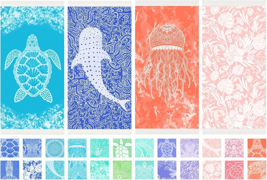 Thin Turkish Beach Towel Lightweight Soft Cotton Extra Large XL Oversized Sand Free Sandproof Absorbent Quick Dry Towels Cloud Bath Pool Travel Compact Essentials Accessories for Adult Gifts (XL(79x36 IN,200x90 CM), 4 Pack Askyblue Sea Turtle Go)