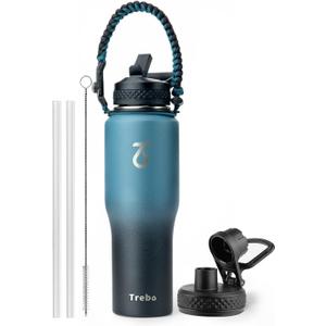 Trebo 32oz Insulated Water Bottle that Fits in Cup Holder, Stainless Steel Double Wall Tumbler Flask Bottles with Paracord Handle, with Straw Spout Lids, Keep Cold for 48 Hrs/Hot 24 Hrs,Indigo/Black
