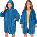 Hooded Towel Robe for Kids, Zip Up Swim Parka Beach Cover Up for Girls Boys, Surf Poncho Changing Bath Towel 7-10, Sea Blue, M