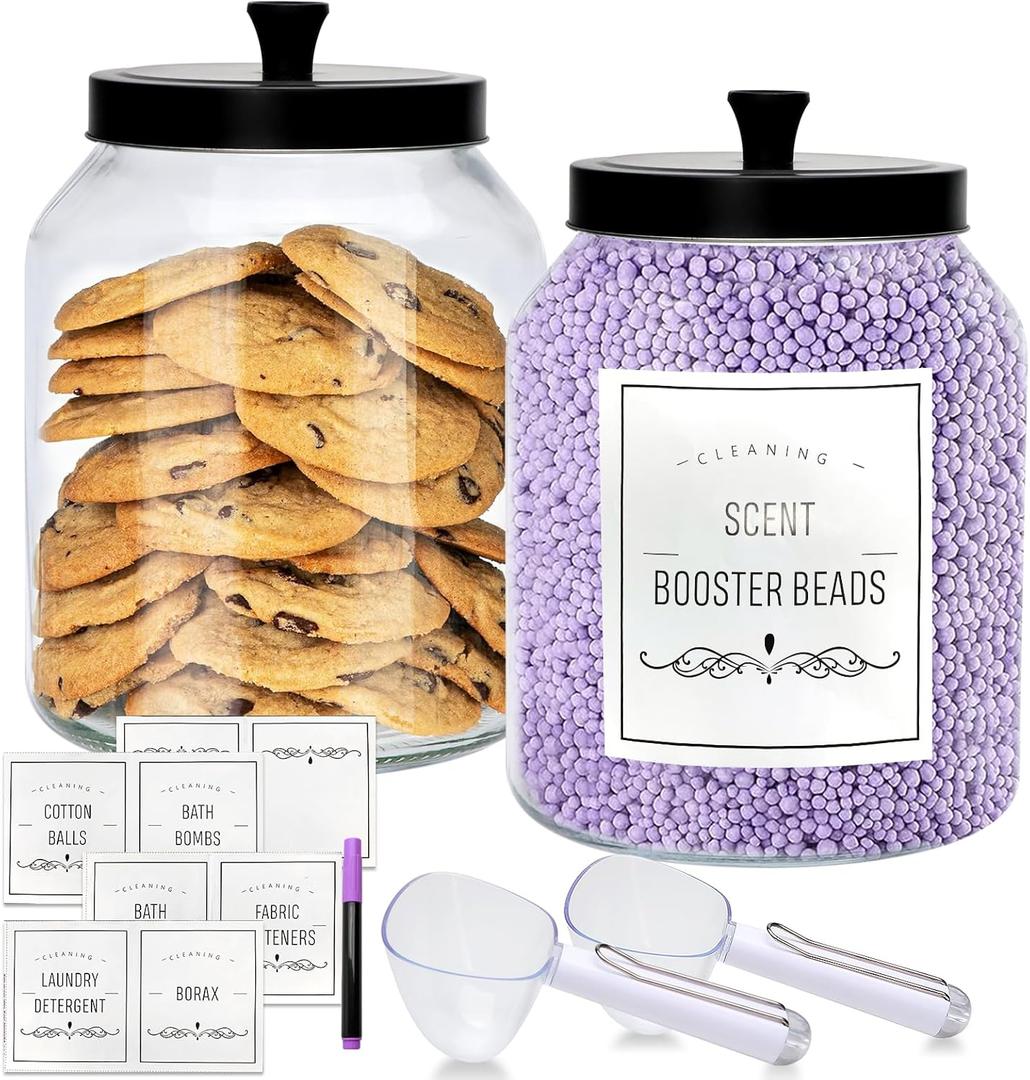 Large Glass Jars with Black Lids 100oz,2 Pack Glass Food Storage Container with Metal Lid and Scoop, Round Empty Glass Kitchen Canister Cookie Jars for Laundry Room, Kitchen, Snacks, Candy, Bathroom