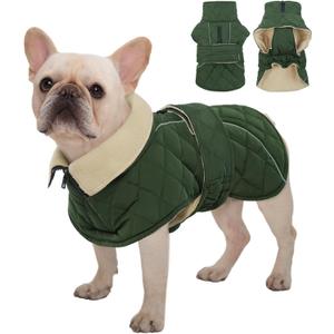 Kuoser Dog Jacket Warm Fleece Lined Dog Coats for Small Dogs, Waterproof Pet Coat Reflective Puppy Snowsuit with Harness Hole for Cold Weather Walking Hiking, Quilted Dogs Winter Vest, Green, S (Small (Chest: 32 - 42CM / 12.59"-16.53"))