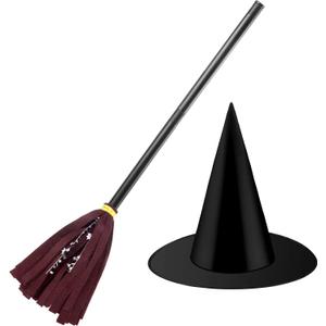 Skylety Witch Broom Hat Halloween Witch Costume for Kids Wizard Broomstick Black Wizard Hat Broom Halloween Party Cosplay (Brown)