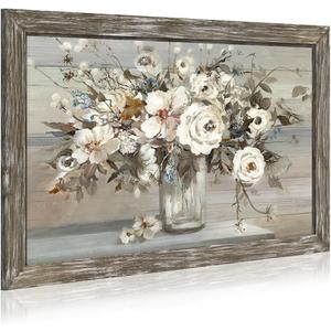 Flowers Bouquet Wooden Framed Artwork: Vintage Botanical Floral in Vase Wall Art Print Painting Rustic Abstract Nature Plant Picture for Living Room Kitchen Bathroom Bedroom Farmhouse (36"L x 24"W)