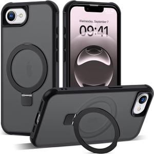Compatible with iPhone 16E Case with Invisible Magnetic O-Ring Stand Military-Grade Translucent Case for iPhone 16E 6.1" 2025 [Compatible with Mag-Safe][Great Grip Feeling], Black