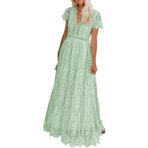 MEROKEETY Women's V Neck Short Sleeve Floral Lace Wedding Dress Bridesmaid Cocktail Party Maxi Dress (Mint)
