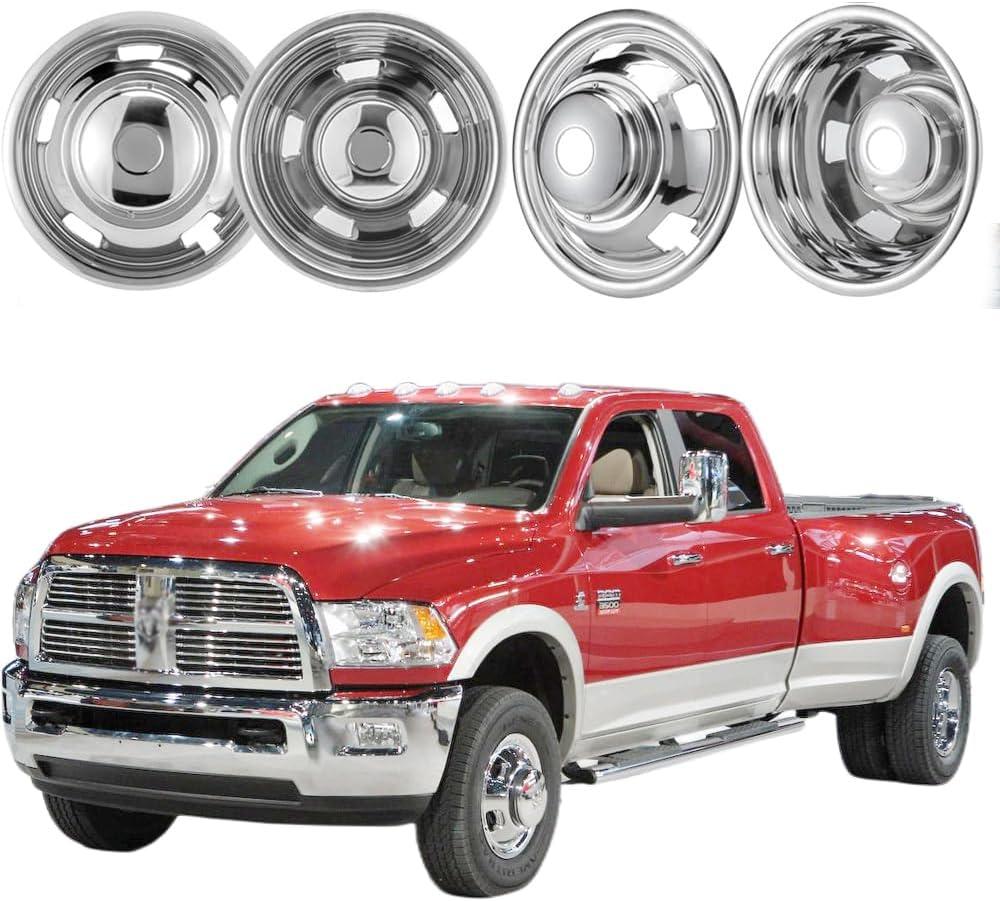 4pcs 17 Protective Polished Stainless Steel Dually Wheel Simulators, Waterproof Replacements Bolt On Wheel Cover Removable Centre Cap,8 Lug Hubcap Fit for 03-18 Dodge Ram 3500 W/Install Tool