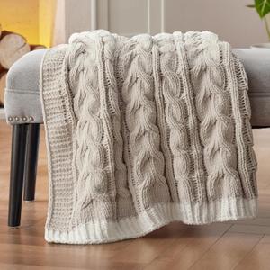 Bedsure Cable Knit Throw Blanket for Couch Bed - Chenille Chunky Knit Throw Blanket for Winter and All Seasons, Soft Cozy and Warm, Beige, 50x60 Inches