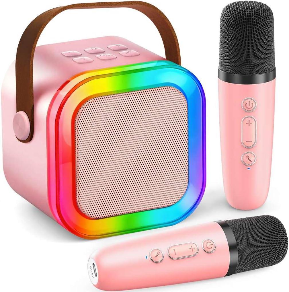 Mini Karaoke Machine for Kids Adults, Portable Bluetooth Speaker with 2 Wireless Microphones, LED Lights, Singing System for Family Home Party, Voice Changer, Boys Girls Karaoke Machine with Speaker