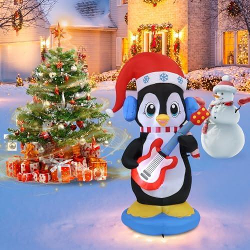 HZGDEJTG 6ft Christmas Inflatable Outdoor Decorations, Penguin Playing Guitar Inflatable Patio Decorations with LED Lights for Indoor Outdoor Patio Garden Christmas Decorations