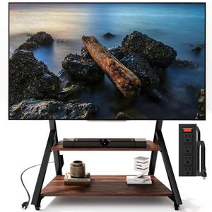Heavy Duty Rolling TV Stand with Power Outlet for 55 to 100 inch TV Easy Installation, High Mobility, Holds up to 220LBS, 2-Tier Large Wood Shelf Storage Space, Vesa 800×600mm