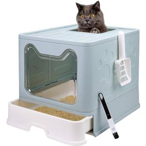 Foldable Cat Litter Box with Lid, Enclosed Potty, Large Top Entry Anti-Splashing Toilet, Easy to Clean Including Litter Scoop and 2-in-1 Cleaning Brush (Blue)
