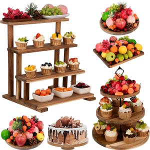 6 Pcs Acacia Cake Stand Set, Wood Dessert Table Display Set,1 Pcs 3 Tire Cupcake Display Stands Cookies Dessert Display Plate and 5Pcs Dessert Trays for Party Wedding Baby Shower Tea Party