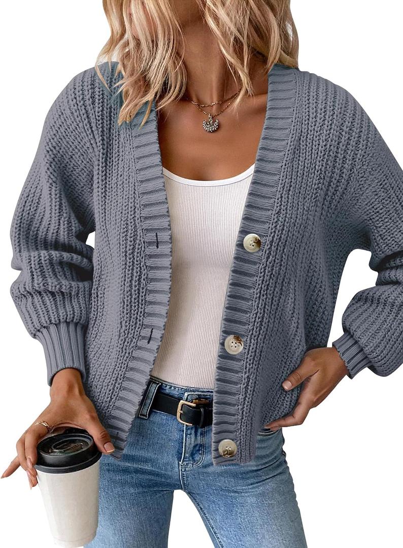 Women’s Chunky Knit Cardigan – Waffle Knit Button Down Oversized V Neck Fall Sweater for Casual Layering (Gray, M)