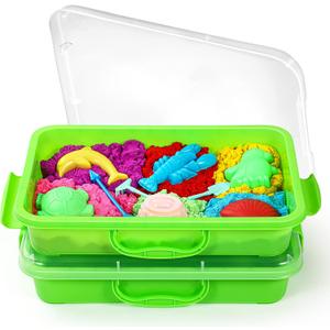 2 Pcs Sand Tray Sensory Bin with Lid and Handle, Portable Sensory Sandbox Container for Kids, Plastic Activity Tray for Toddlers (Green) (Green)