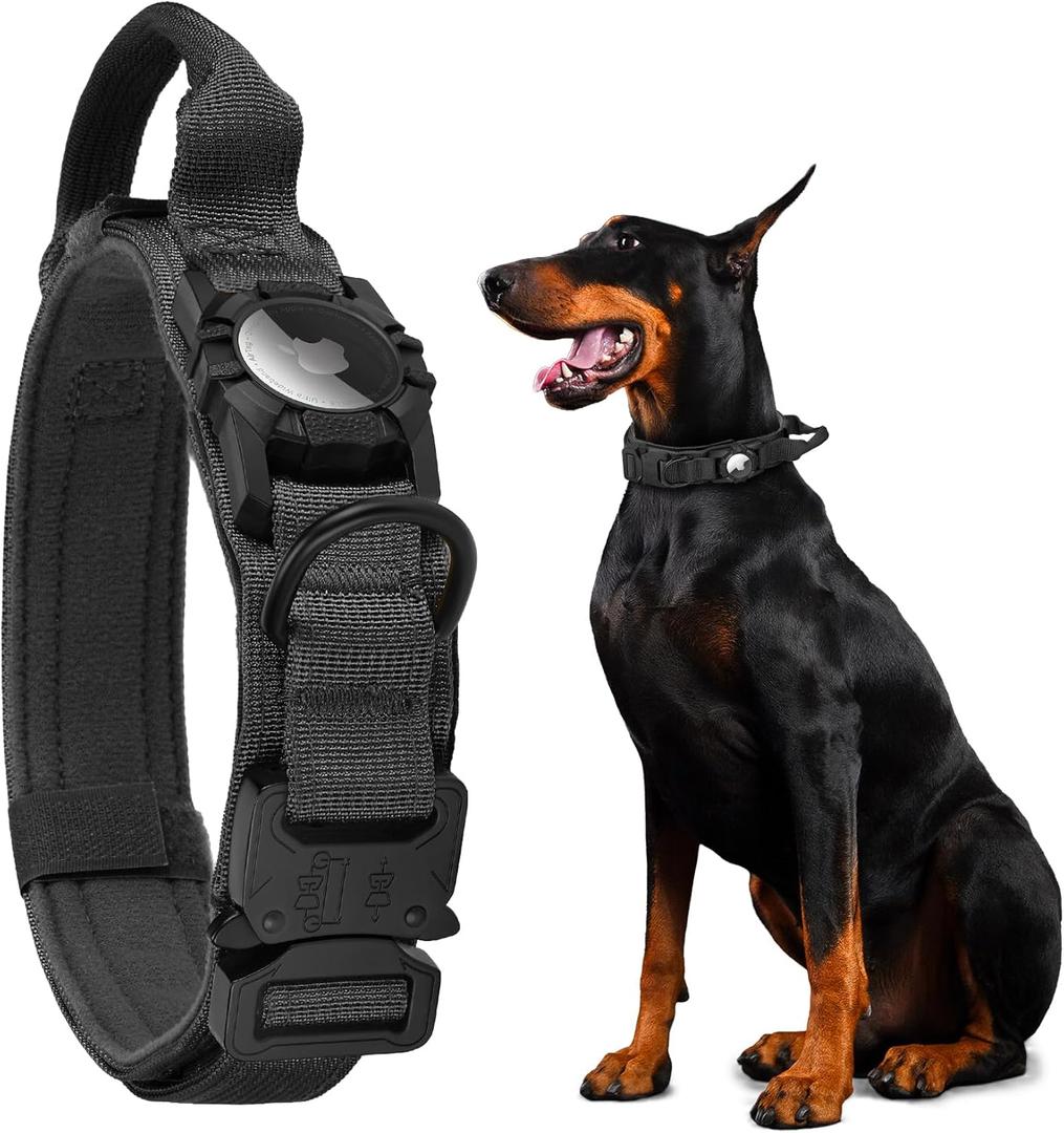 Tactical AirTag Dog Collar - Heavy Duty, Adjustable GPS Collar Compatible with Apple AirTag, with Holder & Control Handle for Medium/Large Dogs [ Black, L ] (L(16.5"-20.5"))