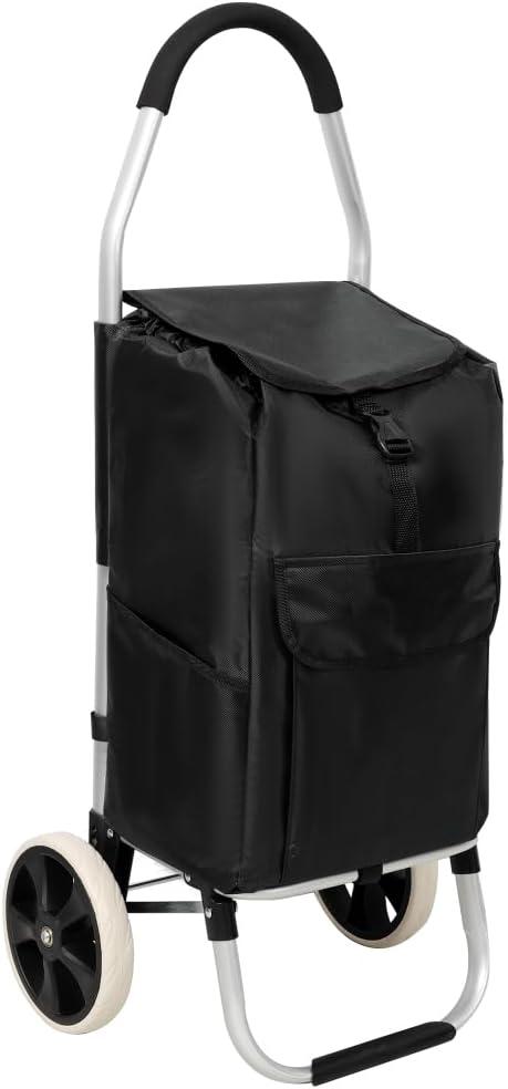 Heavy Duty Foldable Shopping Trolley with Wheels Oxford Waterproof Cart Removable Bag for Groceries Laundry Travel (Black-2 Wheels)