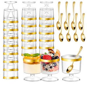 DI QIU REN  5oz Dessert Cups with Gold Rim and Golden Spoon, Plastic Dessert Parfait Cup Clear Appetizer Pudding Cup, Round Serving Goblet Cups Shot Glasse (Round Goblet with Gold Rim), 28 Dessert Cups