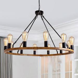 Modern Farmhouse Wagon Wheel Chandelier, 12-Light Large Black Rustic Chandelier with Wood Finish for Dining Room, Round Hanging Ceiling Light Fixture for Kitchen Island Entryway Foyer Living Room