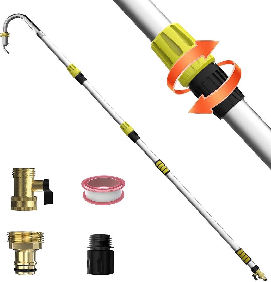 24FT Reach Gutter Cleaning Tool with 8-15FT Telescopic Pole, 360 Rotatable Duckbill Metal Head Gutter Cleaner with Shut Off Valve, Adjustable Leak-Proof Gutter Washing Tool for Garden Hose