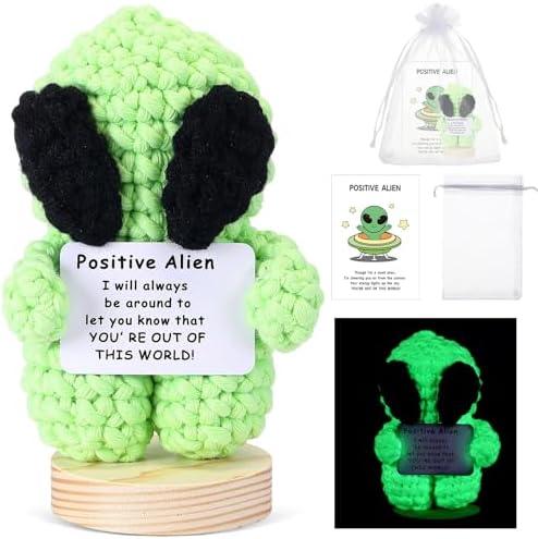 Pack of 2, VioraWhite 1 Set Halloween Alien Gifts Glow in The Dark Crochet Alien Dolls Emotional Gift Set Crochet Toys with Positive Card Inspirational Graduation Party Gifts for Men and Women