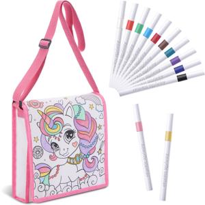 Mindsoft Color Your Own Crossbody Bag for Kids with 12 Markers DIY Doodle Messenger Bag with Adjustable Strap(Unicorn)