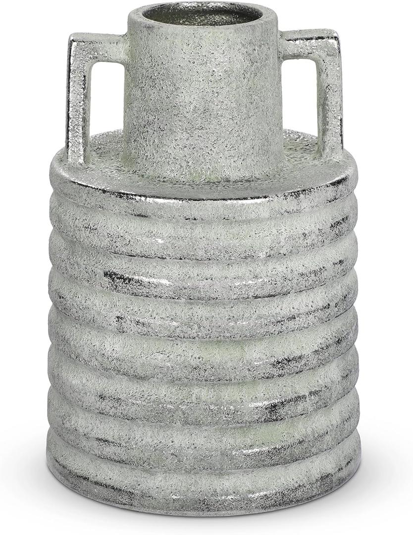 Hollyone Large Vintage Ceramic Vase with 2 Handles, 9.1" Tall Silver-Toned Antique Rustic Decorative Floral Grey Vases for Flowers Home Table Centerpiece Shelf Living Room Entryway Farmhouse Decor