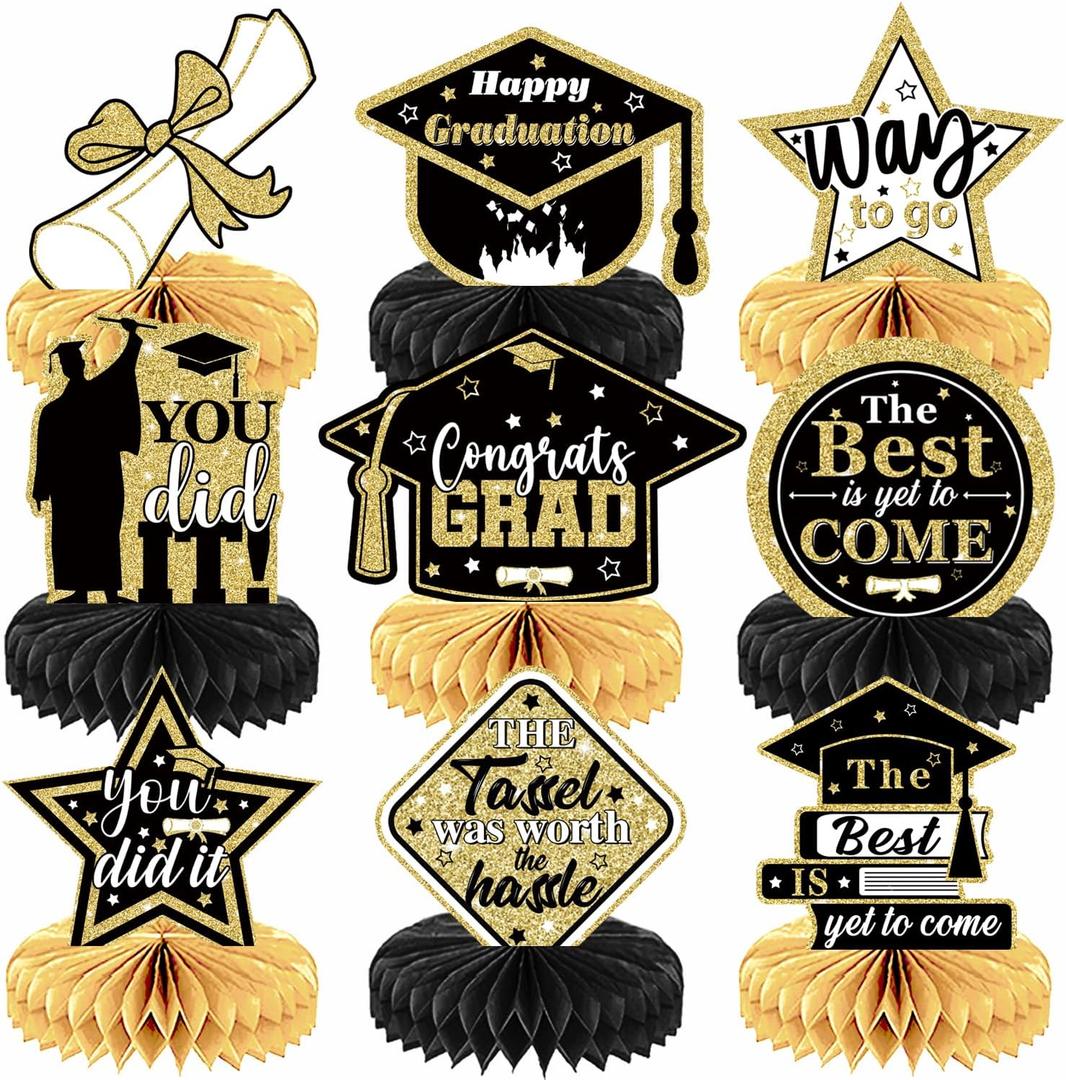 Graduation Table Decorations 2025 - Graduation Centerpieces for Tables, 9 Pcs Black and Gold Honeycomb Centerpieces, 3D Congrats Grad Table Toppers for Class of 2025 Grad Party Decorations