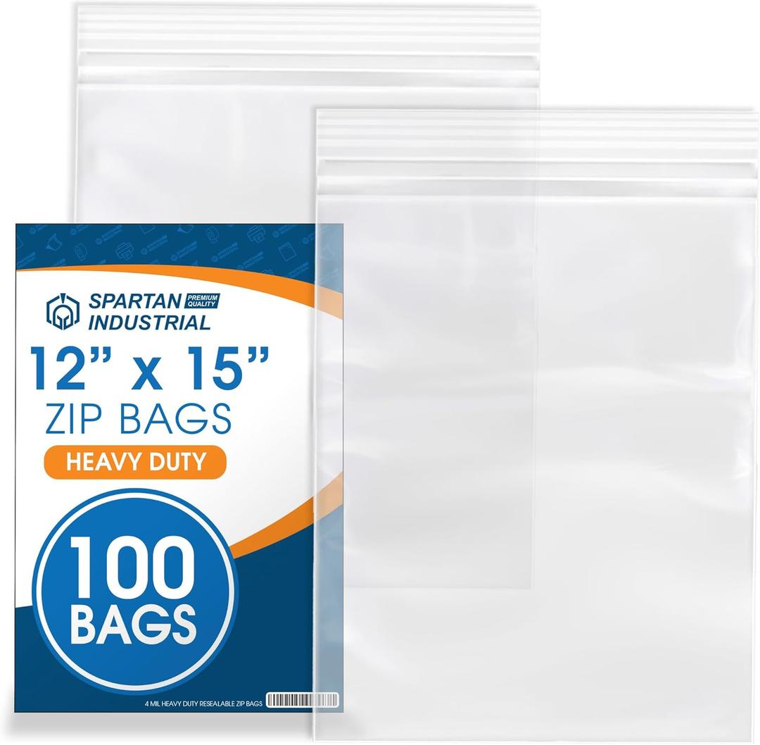 Spartan Industrial - 12 X 15 (100 Count) 4 Mil Thick Clear Reclosable Zip Plastic Poly Bags with Resealable Lock Seal Zipper - Heavy Duty and Durable