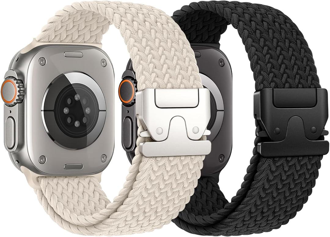 2 x Braided Stretchy Solo Loop Compatible for Apple Watch Ultra 2 Band 49mm 46mm 45mm 44mm 42mm 41mm 40mm 38mm Men Women, Nylon Sport Bands with Parachute Buckle for iWatch Series 11 10 9 8 7 6 SE 5 4 3 (Black/Starlight)