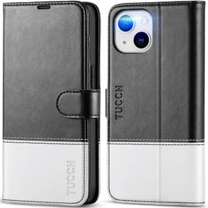 TUCCH Wallet Case for iPhone 14, [RFID Blocking] [4 Card Slots] TPU Interior Protective Case, Magnetic Folio Shockproof PU Leather Stand Flip Cover Compatible with iPhone 14 6.1 5G, Black & White