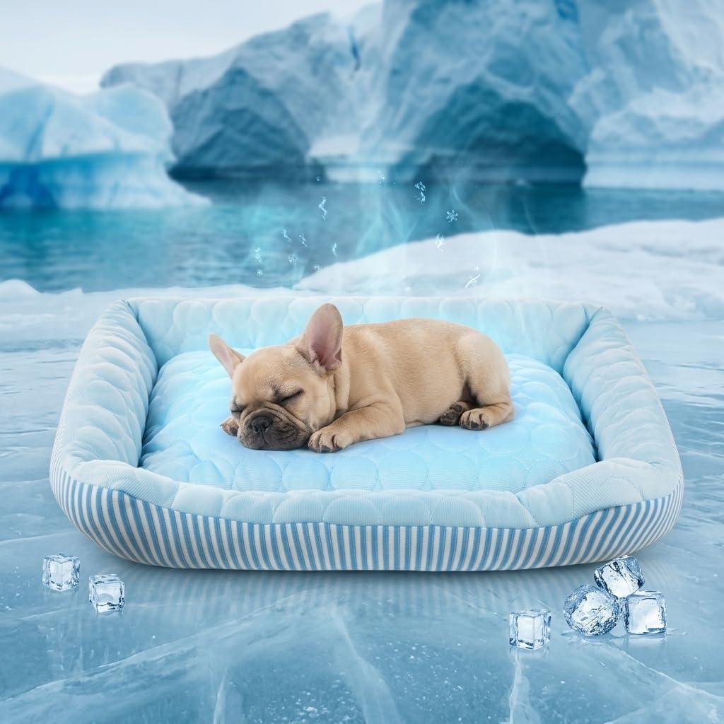 Cooling Dog Bed for Large Medium Small Dogs, Breathable Dog Cooling Mat with Self Cooling Ice Silk Fabric, Washable Summer Pet Bed for Indoor Outdoor, Blue Medium