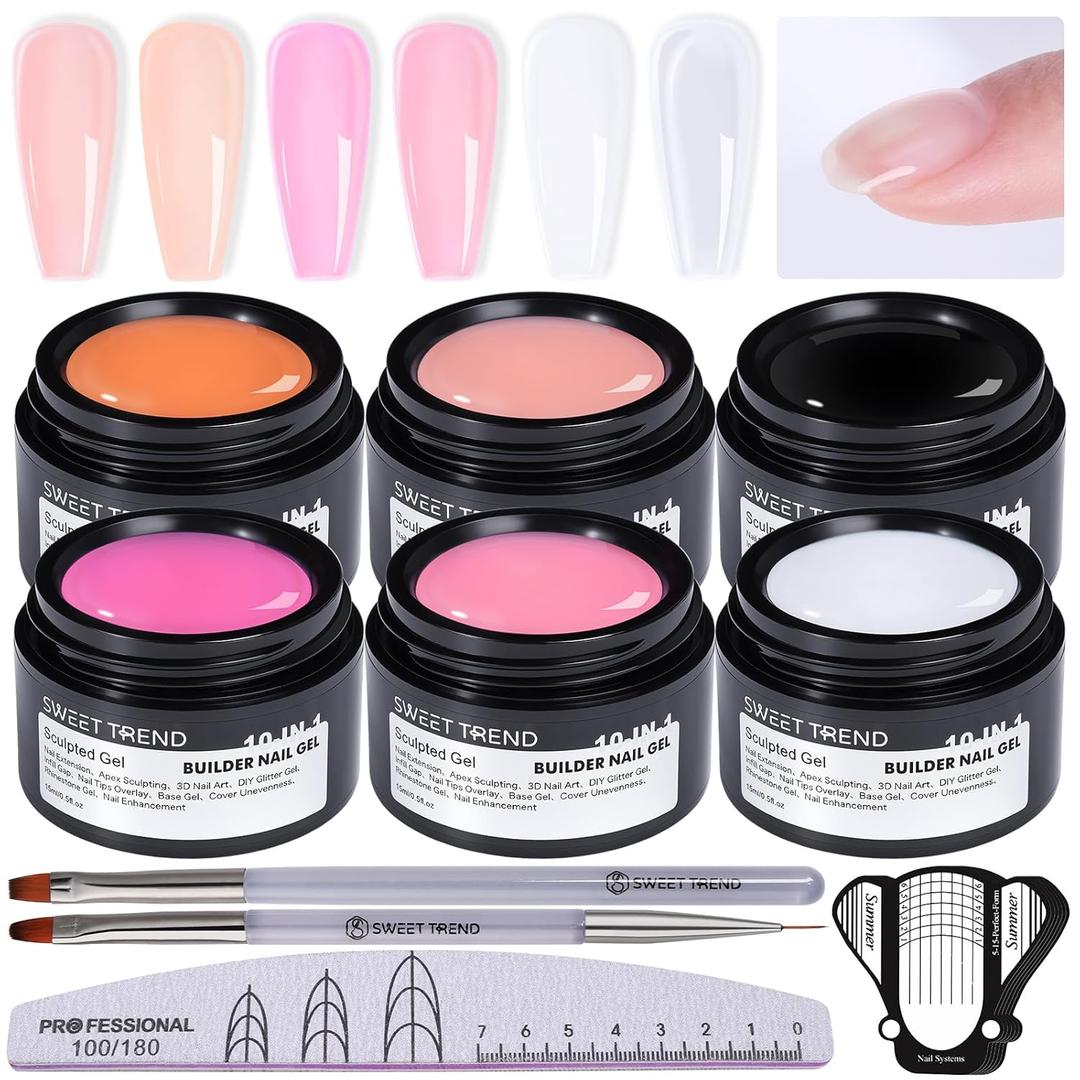 Builder Gel for Nails Kit - 10-IN-1 6 Colors Thickening Nail Set White Clear Soft Pink Rose Nude Coffee Hard Sculpted Gel for 3D Extension Sculpting Tips Base Rhinestone Soak Off UV/LED Manicure