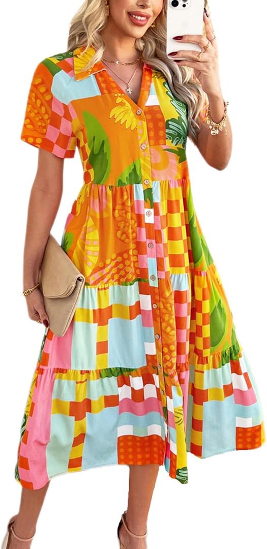 Women's Floral Boho Midi Dress V-Neck Short Sleeve Summer Casual Button-Up Flowy Dresses 2026 Beach Vacation Outfits (S)